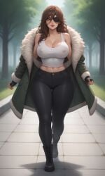 big_breasts boots brown_hair clockwork_(creepypasta) clothed_female coat creepypasta eyepatch green_eyes nipple_bulge nipples_visible_through_clothing pale-skinned_female pants tank_top