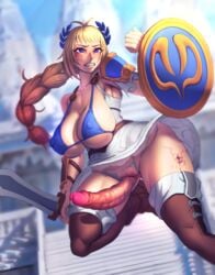 1futa big_breasts big_penis blonde_hair blush busty curvy dickgirl erect_nipples_under_clothes erection female futa_sans_balls futanari herm intersex large_breasts large_penis long_hair long_penis lycra_(artist) milf namco no_panties penis precum pussy shield solo sophitia_alexandra soul_calibur sword thick_penis thick_thighs uncensored weapon wide_hips