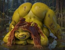 2020 2025 ai_generated ass_up big_breasts braided_hair dirty dreamworks dreamworks_animation face_down_ass_up felicia_(shrek) female female_only green_skin huge_breasts lipstick long_hair messy mud mudbath muddy necklace nose_piercing nude nude_female ogre ogre_female ogre_girl overweight overweight_female pearlicious8 shrek_(series) shrek_5 swamp universal_pictures universal_studios