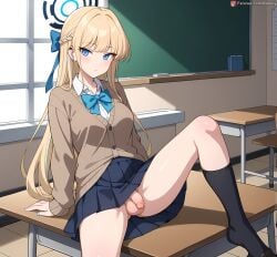 ai_generated asuma_toki blonde_hair boobly bra classroom flaccid futanari long_hair school_uniform schoolgirl skirt upskirt