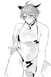 1boy abs alhaitham_(genshin_impact) bell_collar bikini bulge bulge_through_clothing busty_boy cow_bell cow_print cow_print_bikini cow_suit crossdressing femboy flushed_face gay genshin_impact hand_on_ground kneeling male male_only muscular muscular_male rynanakagawa single_male solo_male underwear yaoi