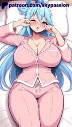 1girls 2025 2d ai ai_assisted ai_generated anime anime_girl anime_style aqua aqua_(konosuba) arstist_name bed berast blue_eyes blue_hair blush breasts chest cleavage clothes collarbone dressed female hair_between_eyes hair_ornament hair_rings hi_res high_quality high_resolution highres huge_breasts kono_subarashii_sekai_ni_shukufuku_wo! konosuba large_breasts long_hair long_sleeves looking_at_viewer lying on_back on_bed one_eye_closed open_mouth pajamas pants patreon patreon_logo patreon_username pillow pink_pajamas pink_pants satou_kazuma shirt skypassion solo stable_diffision thighs watermark