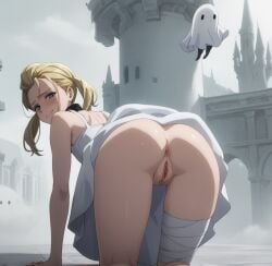 ai_generated anus ass bandaged_leg blonde_female blue_hair castle dress dress_lift embarrassed fio_(nier_reincarnation) fog ghost looking_at_viewer looking_back nier nier_reincarnation no_panties on_back pussy thighs twintails