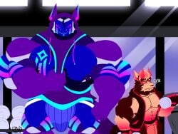 armpit_hair big_muscles big_neon_dragon body_hair bulge canid canine canis clothing duo gym hairy hi_res huge_muscles hyper hyper_muscles jockstrap machine male male/male mammal muscular nipple_piercing nipples piercing protogen size_difference underwear wolf