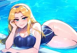 1female 1girls ai_generated anemoi blonde_female blonde_hair blue_eyes blue_swimsuit blush boobs breasts curvy curvy_figure female front_view headband headwear laying_down laying_on_side league_of_legends looking_at_viewer luxanna_crownguard nail_polish painted_nails pool pose posing posing_for_the_viewer riot_games solo solo_female solo_focus swimsuit swimwear water wet wet_body wet_skin