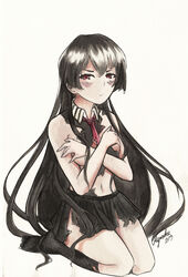 akame_(akame_ga_kill!) akame_ga_kill! belly black_hair blush censored embarrassed fanart female female_only long_hair lost_clothes myolewds red_eyes skirt stockings tie torn_clothes