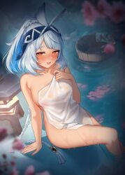 genshin_impact headwear light_blue_hair looking_at_viewer mualani_(genshin_impact) naked onsen smug tanned towel
