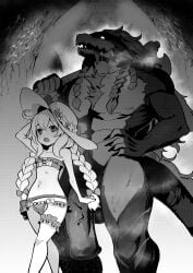 axe black_and_white felkin felkin_penis furry little_witch_nobeta monochrome muscular muscular_male nobeta onigensou size_difference sunhat swimsuit twin_braids twintails