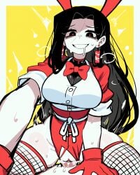 1boy 1girls absurd_res ai_generated black_eyes black_hair bowtie breasts bunny_ears bunnygirl_outfit butcher_vanity cowgirl_position drool drooling duo earrings falsegate femdom fishnet_stockings fishnets gloves highres large_breasts leotard long_hair male_pov mv_character penis penis_in_pussy playboy_bunny pov pupils rabbit_ears rabbit_ears_headband red_bowtie red_gloves red_leotard red_pupils ripped_clothing self_upload shaded_face short_sleeves smile stable_diffusion straddling straight thick_thighs thighs torn_clothes vaginal_sex vest white_vest wide_hips yandere yi_xi_(synthesizer_v)
