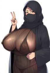 abaya ai_generated black_nails bra hijab hijabi huge_breasts lingerie masakoi muslim muslim_female panties peace_sign see-through see-through_bra see-through_clothing see-through_panties