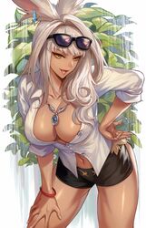 breasts cleavage clothing female female_only final_fantasy final_fantasy_xiv glasses hand_on_hip large_breasts long_hair looking_at_viewer navel pengnangehao posing smile solo sunglasses sunglasses_on_head tan viera white_hair yellow_eyes