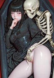 ai_generated amaranthine civitai coffin dark_hair dress female fingering_partner gothic heiress_of_the_hidden_halls hime_cut laced_corset necrophilia pale_skin rubbing_clitoris shy skeleton spooning squirting victorian_dress