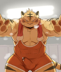 2016 anthro balls_outline barazoku blush bodily_fluids bulge cum felid genital_fluids genital_outline hi_res humanoid_hands kemono kinoshita-jiroh male male_only mammal muscular pantherine penis_outline solo tiger wrestling_singlet