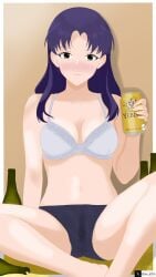 background beer beer_bottle beer_can blush bra drunk holding holding_can inviting katsuragi_misato milf misato_katsuragi neon_genesis_evangelion panties purple_hair signature smile spread_legs tim_heyderich twitter_username underwear wet_pussy white_bra