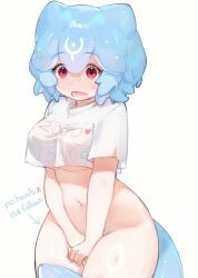 1girls bao_(vtuber) belly_button blue_hair blush breasts female female_only huge_breasts indie_virtual_youtuber light-skinned_female light_skin like_and_retweet like_icon no_bra nose_blush open_mouth pink_eyes retweet_icon shirt solo t-shirt tail virtual_youtuber whale_girl whale_tail wuwuliny