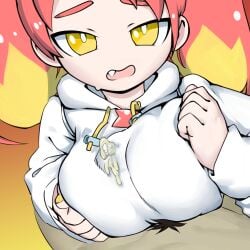 big_breasts boobjob clothed clothed_breasts clothed_female clothed_female_nude_male cum cumming cumming_through_clothing fangs hikasa_tomoshika precum precum_through_clothing red_hair sedua_weynn semen virtual_youtuber voms_project vtuber vtuberfanart yellow_eyes