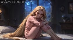 ai_generated bed bedroom blonde_female blonde_hair cameltoe covered_nipples disney green_eyes night no_nude pajamas princess rapunzel rapunzel_(tangled) sfw sleeping tangled velvet_nymph