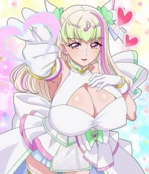 1girls big_breasts breasts cure_zukyoon female female_only finger_gun green_hair hitokiwa_kenchin huge_breasts idol kimi_to_idol_precure light-skinned_female light_skin magical_girl multicolored_hair pink_eyes precure pretty_cure purirun purirun_(kimi_to_idol_precure) solo toei_animation white_hair