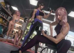 éclair_farron 3d 4girls aerith_gainsborough arm_support ball bare_shoulders bench black_hair black_pants bottle breasts brown_hair dumbbell eclair_farron exercising final_fantasy final_fantasy_vii final_fantasy_xiii gym hair_ribbon highres holding holding_bottle in-franchise_crossover long_hair medium_breasts medium_hair midriff multicolored_pants multiple_girls navel pants patreon_username pink_hair ponytail ria-neearts ribbon serah_farron side_ponytail sitting sleeveless split standing stomach thighs tifa_lockhart tight_clothes tight_pants water_bottle weight_bench weightlifting yoga_pants