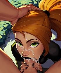 1boy 1girls ai_generated black_lipstick black_nails blowjob cum cum_on_face disney fellatio green_eyes kim_possible kimberly_ann_possible lipstick nail_polish orange_hair sulophian