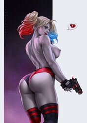 1girls ass ass_focus big_ass black_nail_polish blonde_hair blue_eyes blue_highlights breasts broken_heart clothing dandon_fuga dc dc_comics eye_shadow female fingerless_gloves firearm footwear grey_skin gun handgun handwear harley_quinn highlights human lipstick pigtails red_highlights red_lipstick revolver thick_thighs topless two_tone_hair weapon white_body