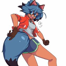 anthro ass blue_eyes blue_fur blue_hair brand_new_animal brown_body brown_fur canid canine clothed clothing female fluffy fluffy_tail fur hair happy hi_res jacket looking_at_viewer looking_back mammal michiru_kagemori multicolored_body multicolored_fur multicolored_hair open_mouth outwardgalaxy portrait raccoon_dog solo studio_trigger tanuki topwear