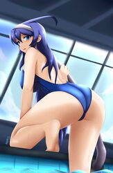 1girls ass big_ass big_breasts blue_eyes blue_hair butt butt_crack female female_only long_hair looking_at_viewer looking_back morris orie_ballardiae solo solo_female solo_focus swimsuit thick_thighs under_night_in-birth