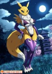 background big_ass black_sclera blue_eyes cameltoe digimon digimon_(species) female fox fox_ears fox_girl fox_tail furry furry_female furry_only looking_at_viewer night night_sky reit renamon swimsuit tagme tight_clothing watermark yellow_fur