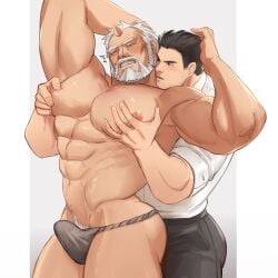 arbbun balls bara beard blush boner bulge erection erection_under_clothes facial_hair fundoshi gay hogen_(tokyo_afterschool_summoners) horn male male_only muscles muscular penis protagonist_(tokyo_afterschool_summoners) tokyo_afterschool_summoners