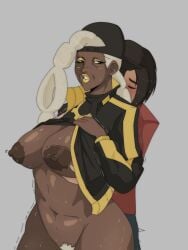 big_areola dark-skinned_female dark_skin gilf granny gray_hair older_female older_woman_and_younger_boy pokemon pokemon_sv pokemon_trainer pubic_hair ryme_(pokemon) touching_breast