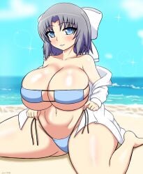 beach big_breasts bikini blue_eyes breasts cleavage grey_hair hair_ribbon senran_kagura senran_kagura_(series) soulkibble thick_thighs underboob yumi_(senran_kagura)