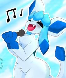 ass ass_focus breasts eeveelution female furry glaceon microphone pokemon pokemon_(species) singing squishyyyy tail thick_thighs thighs