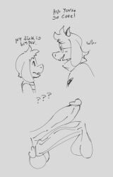 1boy 2boys anthro anthro_only asriel_dreemurr comparing_penis deltarune dialogue dick english_text long_penis male_only measuring_penis penis penis_out ralsei roccorox text undertale undertale_(series)