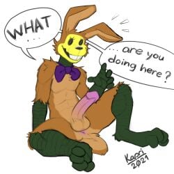 1boy anthro anthro_male anthro_only bow_tie caught caught_in_the_act caught_masturbating circumcised dialogue furry furry_male furry_only genitals green_arms green_legs hi_res humanoid_genitalia humanoid_penis kapri lagomorph lorenzo_waterman_(the_walten_files) male male_only mammal mask masturbation no_females no_humans penis pumpkin_rabbit pumpkin_rabbit_(the_walten_files) solo solo_male the_mysterious_house the_walten_files visible_anus