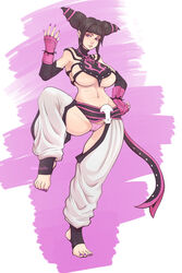 1girls baggy_pants bangs belt black_hair blunt_bangs bracelet breasts cameltoe capcom clothed detached_sleeves drill_hair feet female female_only fingerless_gloves front_view full_body gloves halterneck hand_on_hip huge_breasts human juri_han licking_lips looking_at_viewer midriff nail_polish navel on_one_foot on_one_leg panties pink_eyes pink_nails pink_panties pinkkoffin posing sideboob sidelocks skull solo_focus spiked_bracelet standing stirrup_socks street_fighter street_fighter_iv thick_thighs toeless_legwear toenail_polish toes tongue tongue_out twin_drills underboob