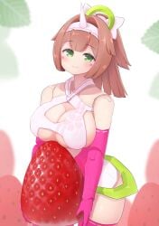 1girls alternate_version_available arm_gloves asra_archer_ouki bare_shoulders breasts brown_hair cleavage female female_focus female_only green_eyes hairband holding_object huge_breasts joints large_breasts light-skinned_female light_skin looking_at_viewer medium_hair megami_device nipple_bulge smile solo strawberry subten thick_thighs thighs