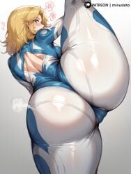 2025 ai_generated ass ass_focus blonde_hair blue_eyes blush bodysuit huge_ass invisible_woman_(marvel_rivals) marvel minusleto short_hair stable_diffusion sue_storm thick_thighs thighs