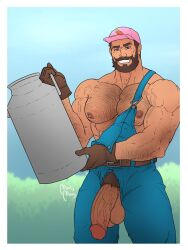 balls bara beard brown_hair cock exposed_nipples exposed_penis farmer_(coral_island) farmer_dez flaccid_penis gay gloves hairy_chest half_dressed indecent_exposure large_pectorals large_penis male_focus male_only milk_tank montymong muscular_arms muscular_male overalls_only pink_cap pubic_hair tan_skin yaoi