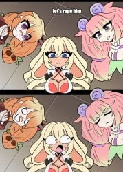 2koma 3girls animal_ears blonde_hair breasts bunny_ears bunny_girl clothed clothing cuttlefish_girl cuttlefish_humanoid green_eyes huge_breasts immy_bisou indoors light-skinned_female light_skin open_mouth orange_hair pink_hair pov purple_eyes room shibi_cottonbum shocked stronny_cuttles tan-skinned_female tan_skin viewer_pov