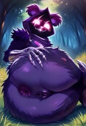 ai_generated animal_ears anus ass bear_girl big_ass epic_games forest fortnite fortnite:_battle_royale glowing_eyes grass presenting purple_fur pussy raven_team_leader spread_ass