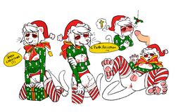 2019 absurd_res anthro blush bodily_fluids breasts christmas clothing disembodied_penis domestic_ferret female female_focus fur genitals hi_res holidays legwear male mammal mistletoe mustela mustelid musteline nipples pawpads penis plant poppy_(sneel) pussy red_eyes red_sclera russian_text simple_background sneel sweat sweater text thigh_highs topwear white_background white_body white_fur