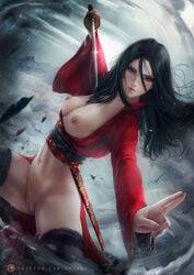 axsens black_hair bottomless breasts breasts_out disney disney_princess exposed_breasts fa_mulan female highres large_breasts long_hair mulan nipples no_panties patreon realistic solo stockings