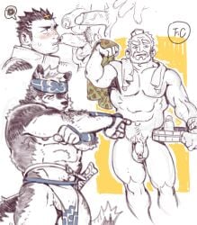 balls bara beard blush boner erection facial_hair flaccid flycatcher gay hogen_(tokyo_afterschool_summoners) horkeukamui horn male male_only muscles muscular nude penis tokyo_afterschool_summoners zabaniyya_(tokyo_afterschool_summoners)