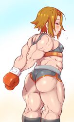 abs arms_behind_back biceps big_ass big_butt blush brown_hair calves closed_eyes deltoids hamstrings human human_only k-on! keigi_(artist) kneesocks muscular muscular_arms muscular_female muscular_legs muscular_thighs obliques ritsu_tainaka_(k-on!) short_hair short_shorts small_breasts sports_bra stretching thick_thighs triceps