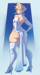 ass blonde blonde_hair blue_dress blue_eyes breedable clothed clothed_female cloud_strife crossdressing crossdressing_male dress femboy final_fantasy final_fantasy_vii high_heel_boots huge_ass leggings male_only open_back ragnarok_av short_hair slutty_dress solo spiky_hair