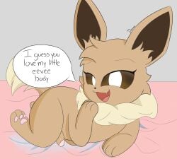 all_fours bed big_ears big_eyes black_text brown_body brown_fur brown_hair brown_inner_ear canid canine demmy dialogue ear_tuft eevee feral flaccid fur furniture generation_1_pokemon genitals hair hi_res humanoid_genitalia humanoid_penis inner_ear_fluff lying male mammal multicolored_body multicolored_fur nintendo nude open_mouth outline pawpads paws penis pink_pawpads pink_paws pink_tongue pokemon pokemon_(species) seductive signature simple_background size_difference smaller_male smug smug_face solo speech_bubble tail talking_to_viewer tan_body tan_fur teeth text tongue tuft yellow_eyes