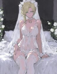 1girls ai_generated blonde_hair glynda_goodwitch green_eyes kizirugai milf rooster_teeth rwby viz_media wedding_dress white_bed_sheet