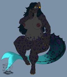 1girls anthro big_breasts black_fur black_hair breasts chubby ear_piercing earrings female female_only furry hybrid hyucaze long_hair looking_at_viewer makeup nipple_piercing nipples nude overweight overweight_female simple_background smile solo thick_thighs thighs zalia