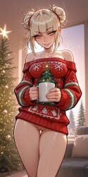 1girls ai_generated bare_thighs blonde_hair blunt_bangs blush boku_no_hero_academia bottomless christmas_clothing christmas_tree coffee_mug cozy double_bun exposed_pussy female hair_bun himiko_toga holding_mug indoor indoors living_room long_sleeves looking_at_viewer loose_clothes medium_breasts molamaxuy my_hero_academia naughty_face off-shoulder_sweater oversized_clothes perfect_body pussy sexy short_hair sidelocks skinny smile solo standing steam suggestive sunset sweater thigh_gap thighs window winter yellow_eyes