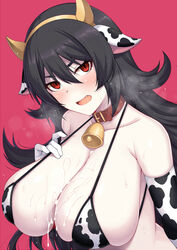 after_paizuri animal_ears animal_print bangs bare_shoulders bell bell_collar bikini_top black_hair blush breasts cleavage collar collarbone cow_ears cow_horns cow_print cowbell cum cum_on_body cum_on_breasts cum_on_upper_body female hair_between_eyes horns horosuke_(toot08) ilya_(princess_connect!) ilya_ornstein large_breasts long_hair looking_at_viewer oerba_yun_fang open_mouth pink_background princess_connect! princess_connect!_re:dive red_eyes simple_background slit_pupils solo